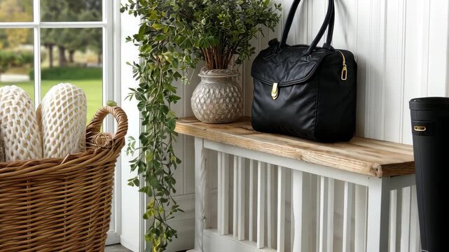 A black bag and decorative items enhance an inviting entrance with a warm atmosphere and charming natural features