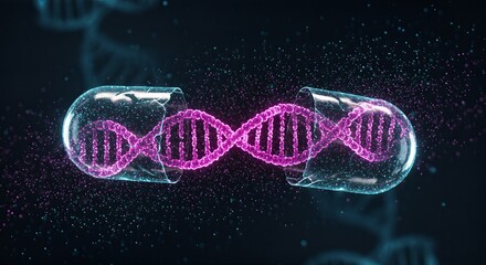 Artistic representation of a DNA double helix contained within a broken capsule, symbolizing genetic medicine.