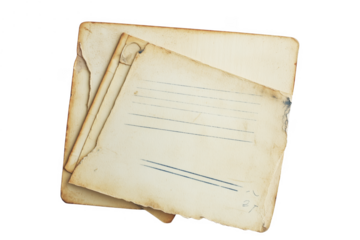 Aged paper sheets with blue lines isolated on a transparent background