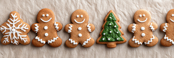 Festive holiday christmas gingerbread cookie row with happy gingerbread man. Sweet decorated dessert food includes christmas tree and snowflake for winter baking