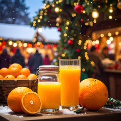 Festive winter scene with citrus fruit and fresh juice