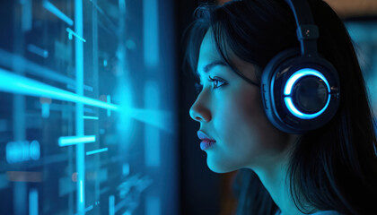 Profile view of young girl in headphones. Female listens music on blue digital screen. Modern tech audio device concept. Woman immersed in metaverse virtual cyber reality augmented world.