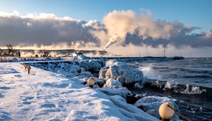 Winter harbor scene with icy waves and steam