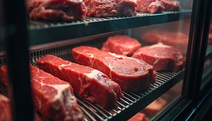 Display case with raw beef meat cuts arranged on shelves. Butcher presents fresh red meat assortment in shop fridge. Different portions packed. Consumerism concept. Protein source for diet.