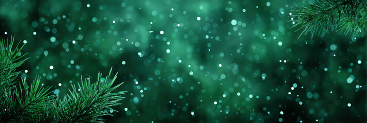 Fototapeta premium Serene green pine branch background with sparkling bokeh light creates magical, dreamy atmosphere. Abstract festive nature backdrop perfect for holiday or winter season