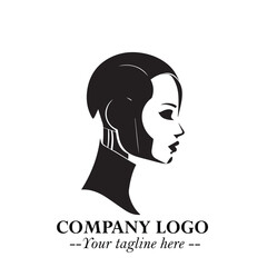 Head of Beautiful Woman as Robot Logo Symbol in Black on the White Background Futuristic Design