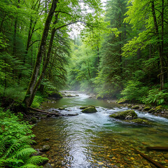 Obraz premium Vibrant Green Forest with Serene River Flowing over Mossy Rocks