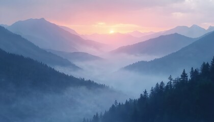 Obraz premium Pastel sunrise over misty mountain range. Fog fills valleys among trees. Dreamy landscape with soft light and shadows. Nature scene evokes peace and tranquility. Scenic view offers beauty and calm.