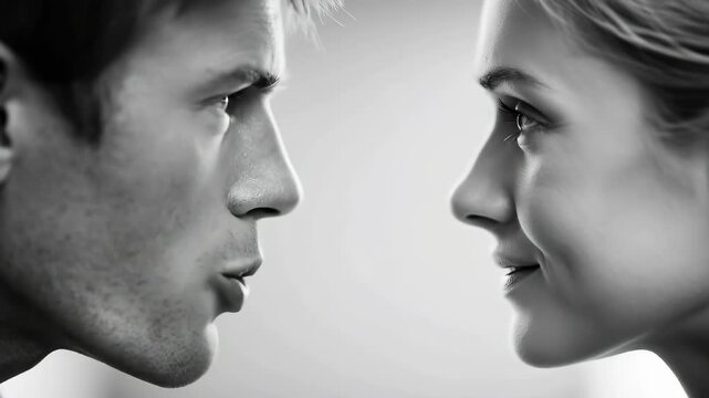 Black and white man and woman facing each other and talking.