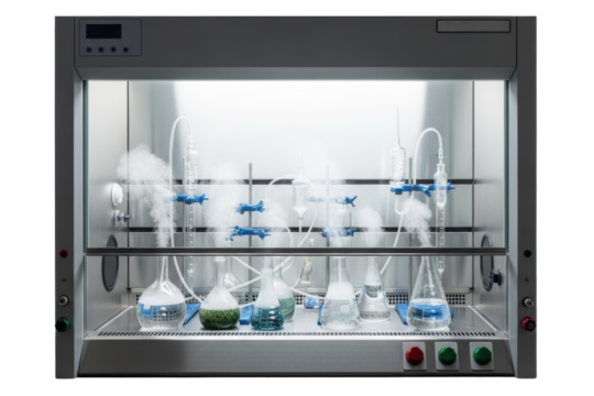 Complex chemistry distillation apparatus inside a lab fume hood on a transparent background