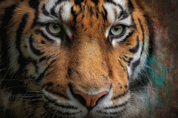 Vibrant Tiger Portrait with Colorful Grunge Aesthetic Background