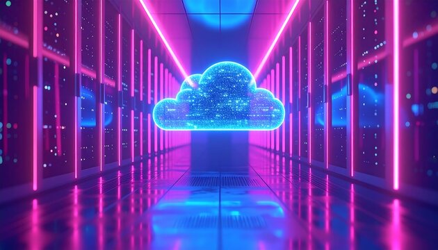 A futuristic server room is illuminated by neon lights. A glowing cloud hovers centrally, symbolizing cloud computing technology. Rows of servers line the walls