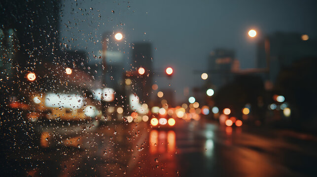 Rainy city street scene with blurred lights and raindrops on the window
