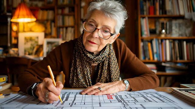 A woman is sitting at a desk with a pencil and a stack of books. She is writing on a piece of paper. The scene suggests a quiet and focused atmosphere