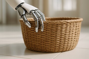 Domestic Automation. A futuristic robotic hand reaches for a wicker basket. A concept for AI, smart home assistance, and the future of domestic chores.
