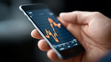 Close up of a man using smartphone to track stock market data with a fluctuating graphs on the screen. - Powered by Adobe