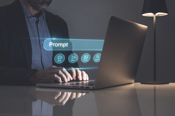 Businessman writing a prompt on a futuristic virtual screen to command a generative AI tool