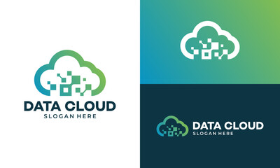 Data cloud logo design vector illustration. Cloud concept with digital pixel graphic logo design. Icon, symbols, creative