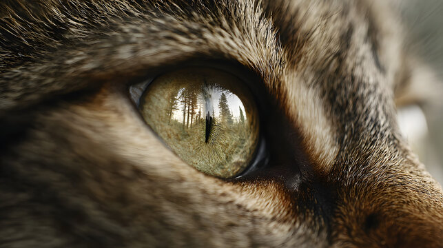 Close-up of a cat's eye with a forest reflection, showing detail and texture
