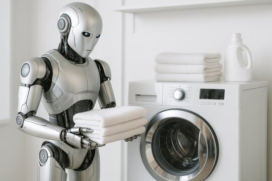 Automated Laundry Service. A sleek, humanoid robot folds fresh, clean towels in a laundry room. A concept for the future of AI and smart home automation.