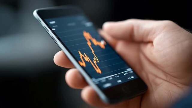 Close up of a man using smartphone to track stock market data with a fluctuating graphs on the screen. - Powered by Adobe