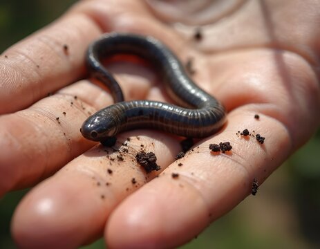 Person gently holds small black worm-like creature on palm. Strange legless animal smooth shiny skin, soil on body. Close-up of human hand interacting with mysterious wildlife found outdoors.