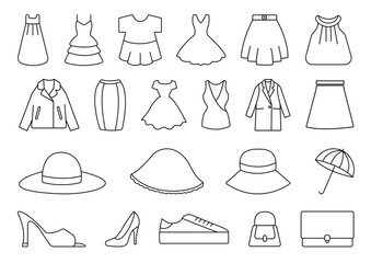 a collection of women's clothing silhouettes suitable for mockup designs for formal and informal clothing such as t-shirts, suits, pants, hats, ties, shoes, dresses.