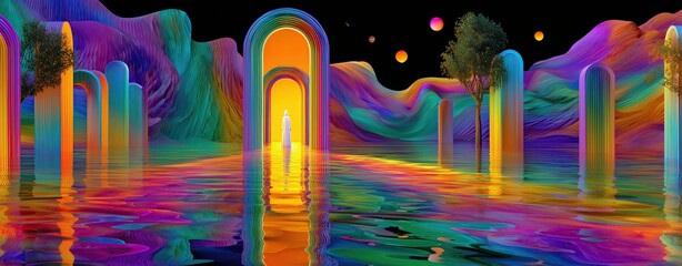 Psychedelic vivid dreamscape, hyperreal fantasy nature scene