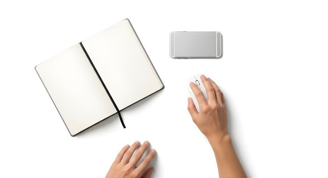 Resting Hands After Typing on Minimal Workspace, Technology Flat Lay, White Background, Mockup Loop, Top-Down View