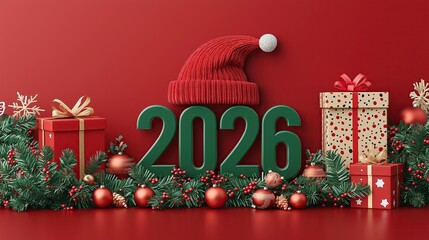 The word 2026 with green letters surrounded by Christmas decorations presents and a Santa hat on a festive red background for social media