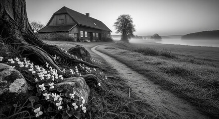 A foggy morning reveals a winding path leading to a distant farmhouse, bordered by a tree with exposed roots and small white flowers.