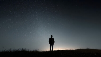 Man silhouetted under a starry night sky, contemplating the universe