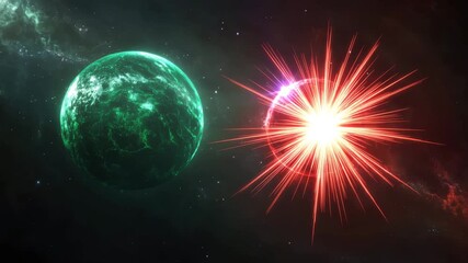 Two celestial bodies in space a green, textured planet and a bright, red, starlike explosion with radiating light beams 4k video - Powered by Adobe