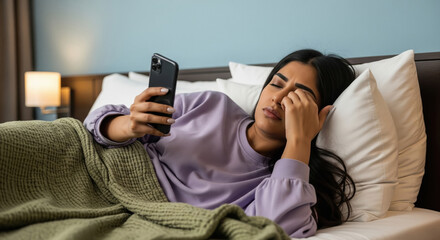 Tired Woman Rubs Eyes While Checking Smartphone in Bed