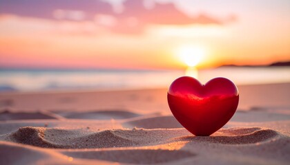 Red heart on sandy beach during golden sunset, symbolizing love, peace, and nature’s beauty with ocean and sky in soft focus.