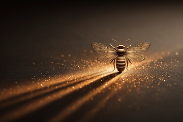 Golden bee on a glittering surface creates a stunning visual with contrasting shadows in soft light