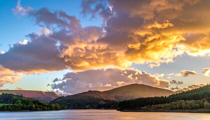 Dramatic cloudy sky over calm water and rolling green hills
