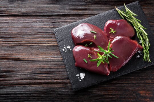 Fresh Beef Liver Slices on Slate Board Over Rustic Wooden Background &acirc;&euro;&ldquo; Top View Gourmet Meat Display