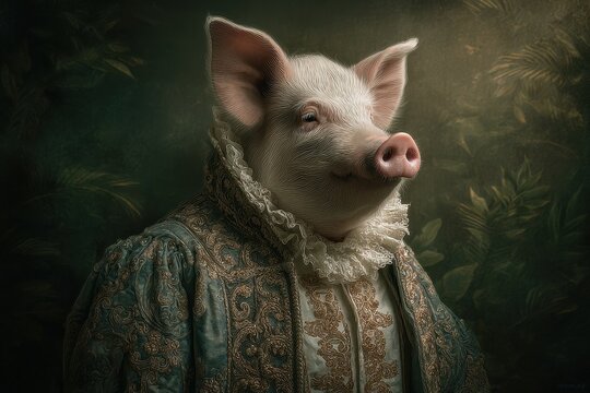 Noble Boar in Renaissance Attire: A Vintage Portrait of a Pig Styled as an Aristocrat