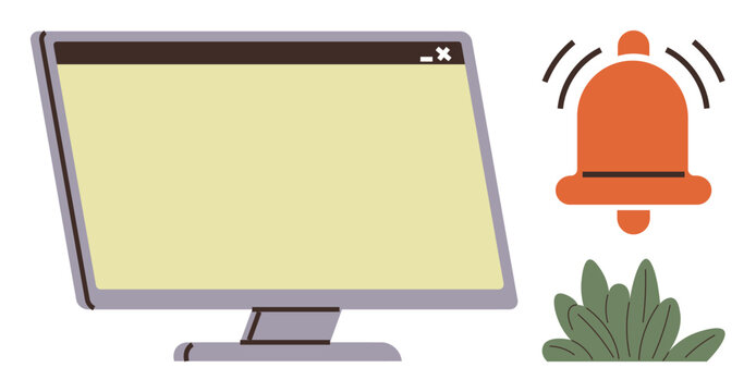 Computer monitor with a notification bell emitting signal lines beside green foliage. Ideal for communication, reminders, productivity goals, technology updates, online alerts, digital tools, simple