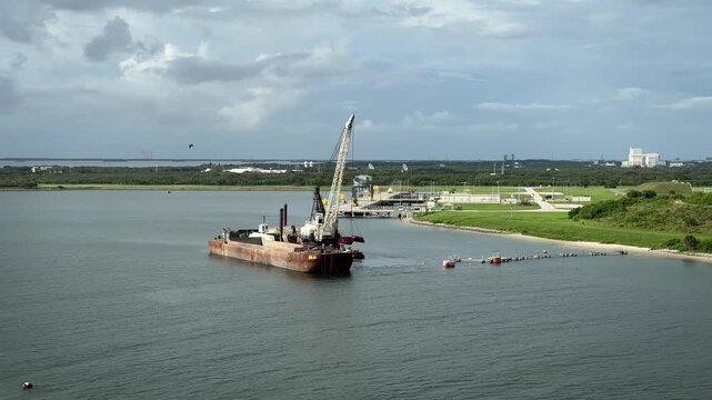 Clamshell dredger uses a bucket (like an excavator) suspended from a crane to scoop up material near a dock of shallow waters in Cape Canaveral, FL