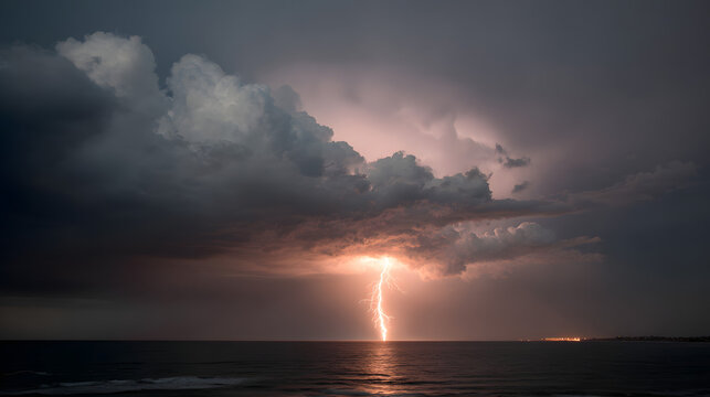 Dramatic lightning strike over the ocean during a powerful thunderstorm