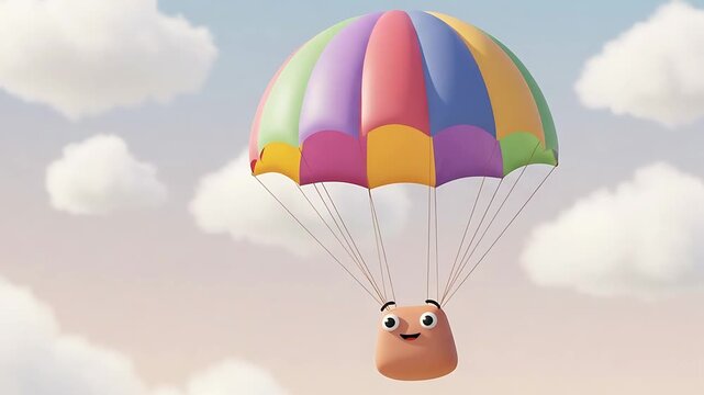 Cute Cartoon Character Parachuting Down from the Sky with Colorful Parachute 3D Animation