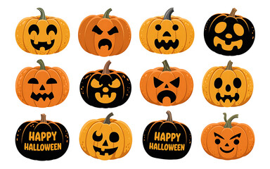 Set of 12 Scary and Funny Jack-o'-Lanterns: Halloween Pumpkin Collection with Different Emotions and Expressions


