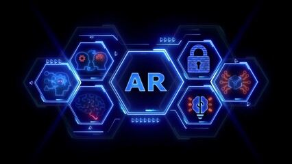 Augmented Reality Technology Concept with AI Brain and Security Icons on Hexagonal Grid innovation
