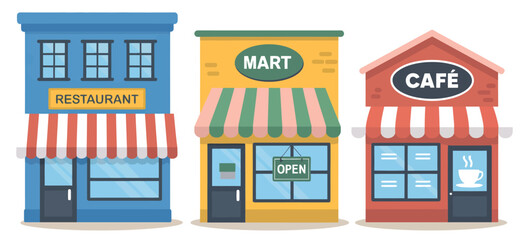 Naklejka premium Urban storefront, vector icons including restaurant, coffee shop, and convenience mart, city building illustrations, commercial vector set, modern business design, 