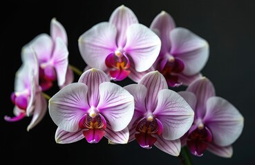 Fototapeta premium Close up of stunning Phalaenopsis orchids. Delicate white, purple flowers against black background. Elegant floral arrangement with striped patterns. Botanical beauty perfect for design, decor,