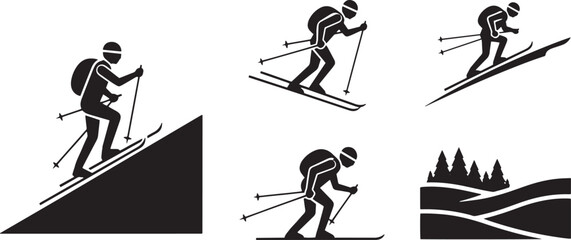 Black Silhouette Of A Skier Ski Mountaineering Icons Set Of Uphill Skiing Figures