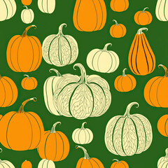 Repetitive seamless pattern of various pumpkin shapes, tall, squat, wide, in burnt orange, mustard yellow, olive green, cream modern color palette, no shading.eps