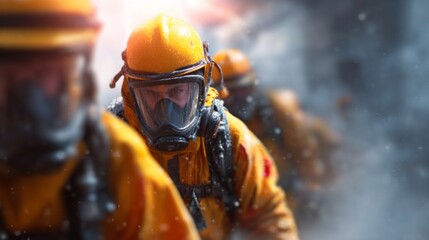 Obraz premium A group of firefighters in yellow gear are in the middle of a fire
